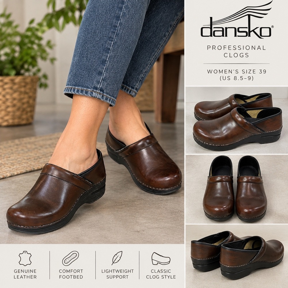 Dansko Womens 39 Brown Leather Professional Clogs Slip On Comfort Shoes 8.5-9